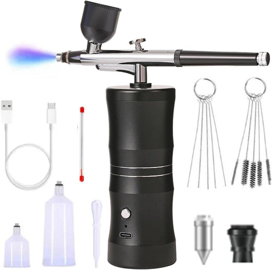 Aerografo Professionale Set, 34PSI Multifunzione Aerografo Con Compressore Con Ugello Da 0,3 Mm per Trucco, Decorazione Torte Tatuaggi Pittura (Black-A02)