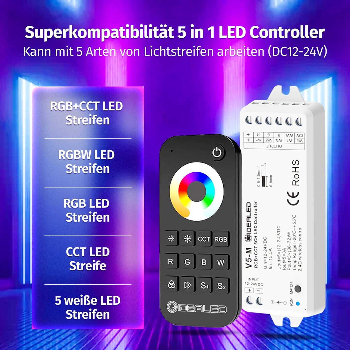 Controller a Strisce LED Wireless 5 in 1 Da 2,4 G, Con Telecomando RF, Dimmer LED RGBWW a 5 Canali per CCT RGB RGBW RGBCCT E 5 Strisce Luminose Bianche DC12-24 V