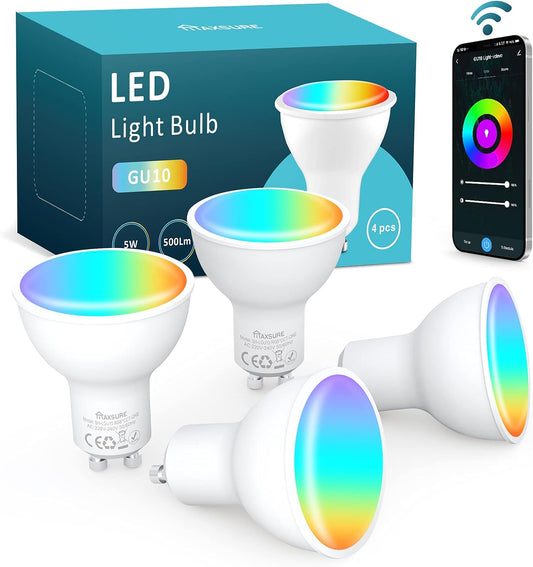 GU10 Alexa, 5W=50W 500LM Decorazione Natalizia GU10 LED, Faretti GU10 Multicolore GU10 Smart WIFI Compatibile Google Home, Lampadina LED GU10 Telecomando APP Controllo Vocale, Timer, 4 Pezzi