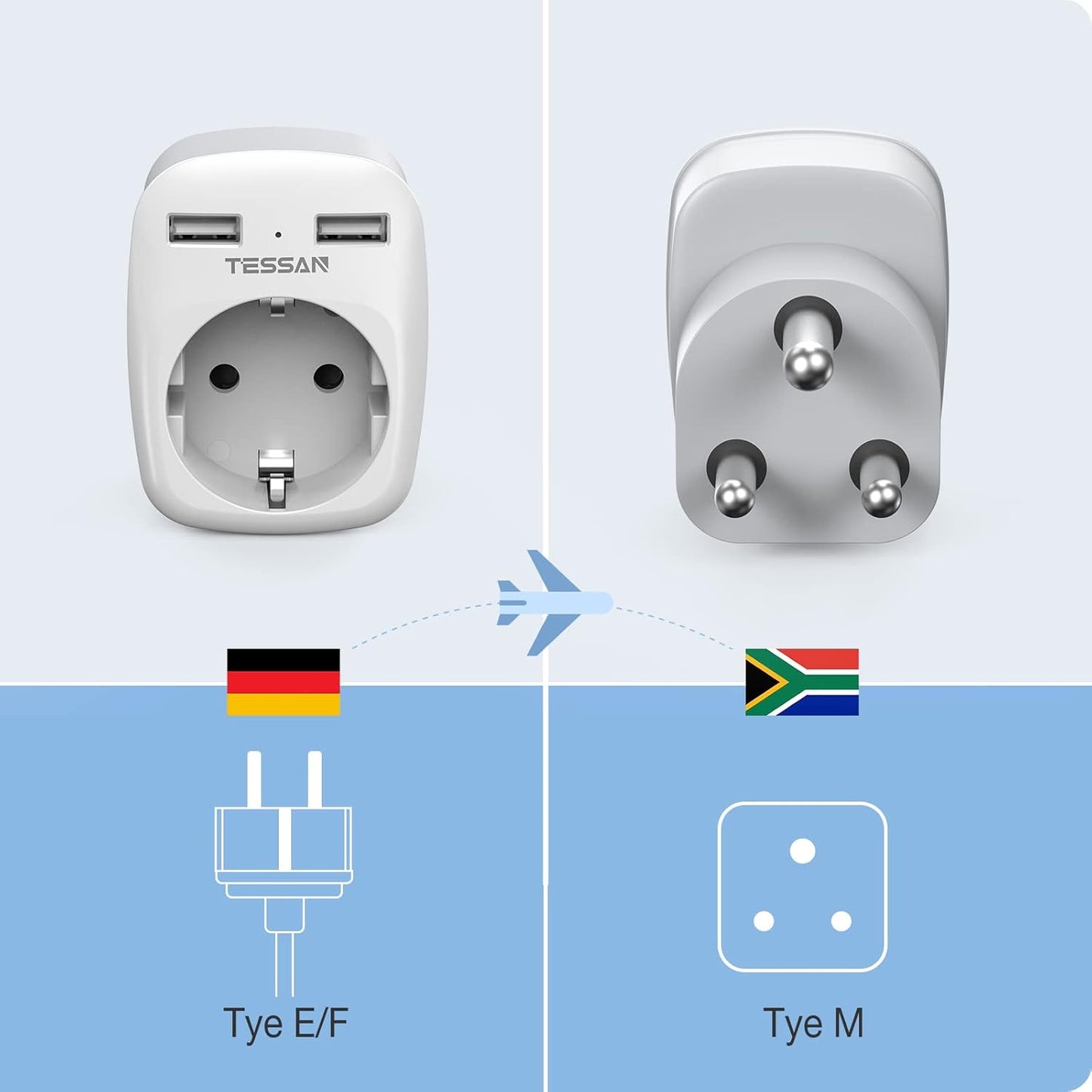 Adattatore Da Viaggio Sudafrica, Adattatore Presa Sudafrica Con 2 USB, Adattatore Da Viaggio Con Spina Tipo M per Sudafrica, Namibia, Lesotho, Bhutan, Mozambico