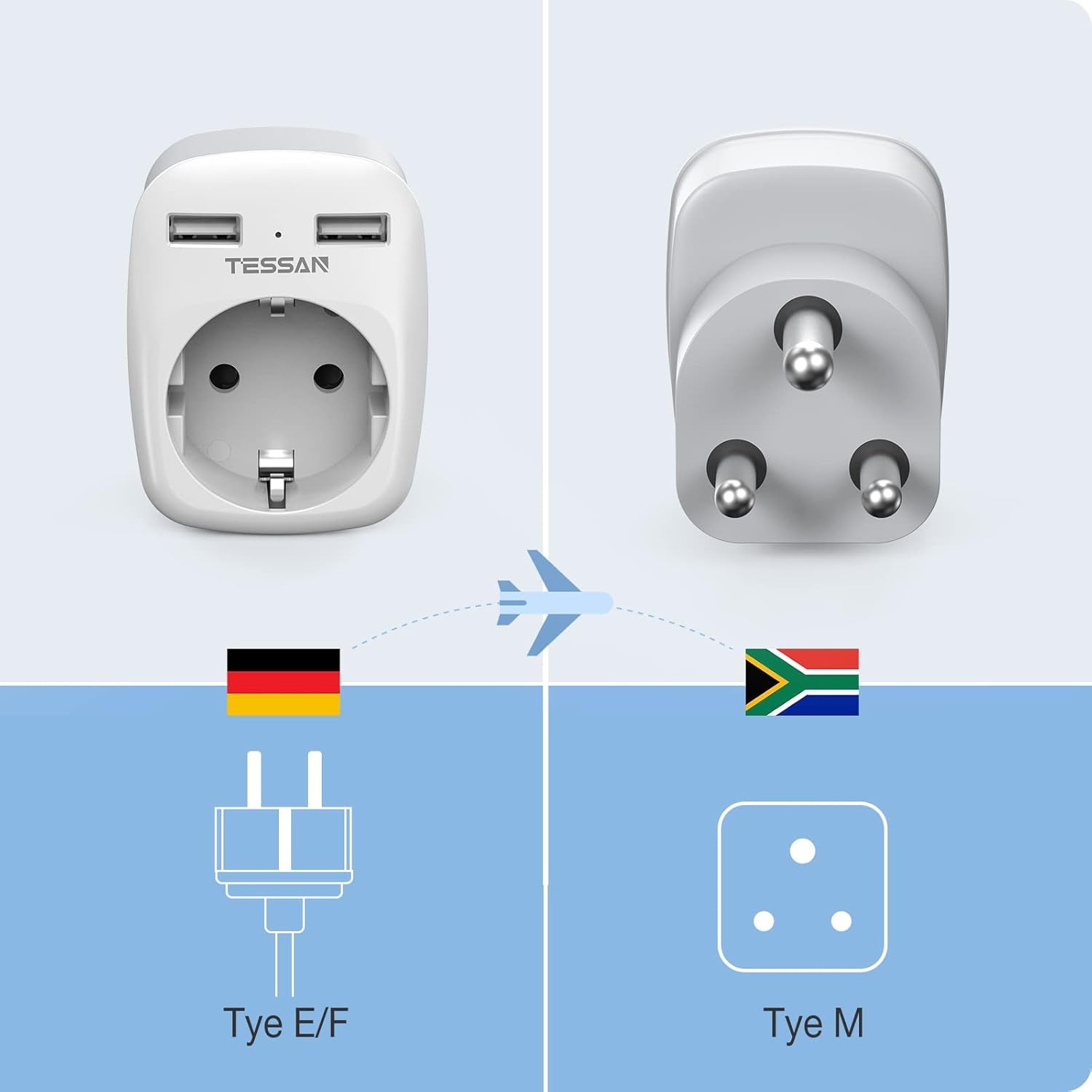 Adattatore Da Viaggio Sudafrica, Adattatore Presa Sudafrica Con 2 USB, Adattatore Da Viaggio Con Spina Tipo M per Sudafrica, Namibia, Lesotho, Bhutan, Mozambico