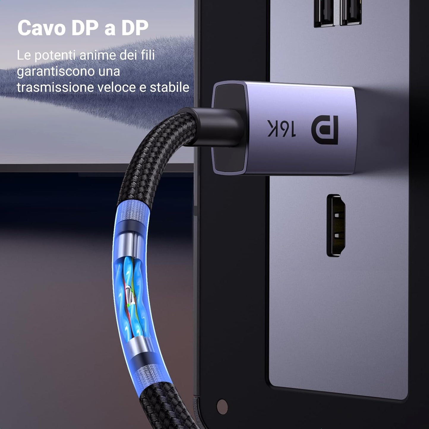 Cavo Displayport 2.1 Cavo DP 2.0 DP a DP Supporta 16K@30Hz 8K@60Hz 4K@240Hz 80Gbps HDR HDCP Compatibile Con Display Da Gioco, 3M