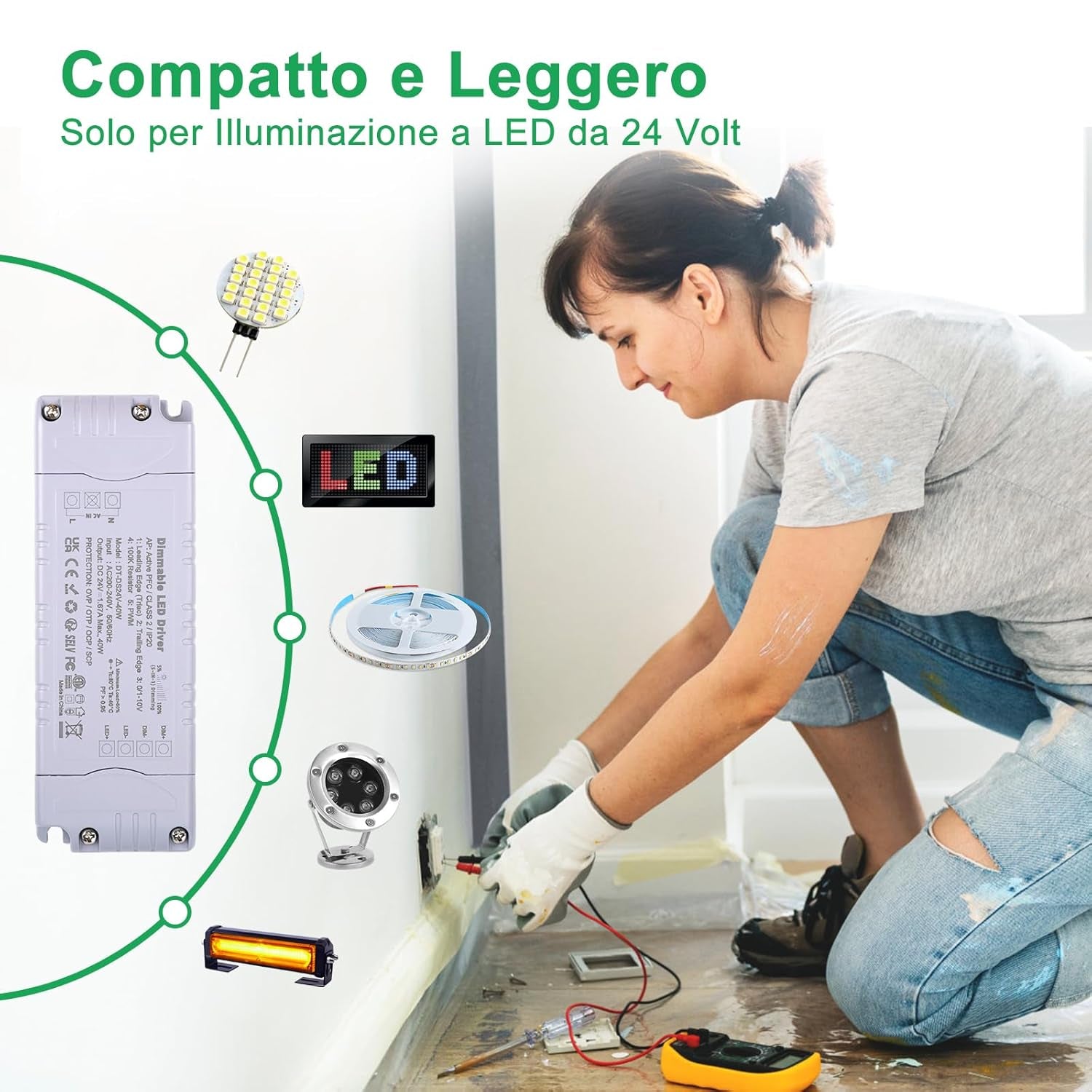 Trasformatore LED 24V 40W Dimmerabile, Triac & 0-10V&1-10V & PWM & Resistenza Da 100K, Alimentatore 24V 1.66A Di Tensione Costante, Driver LED AC 220V to DC Trasformatori Di Bassa Tensione