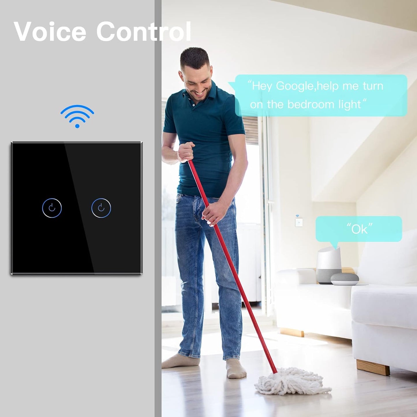 Interruttore Della Luce Intelligente Alexa a 2 Vie, 1 Via, Wifi, Funziona Con Amazon Alexa E Google Home, Interruttore Touch Screen, Colore Nero (Necessario Filo Neutro)