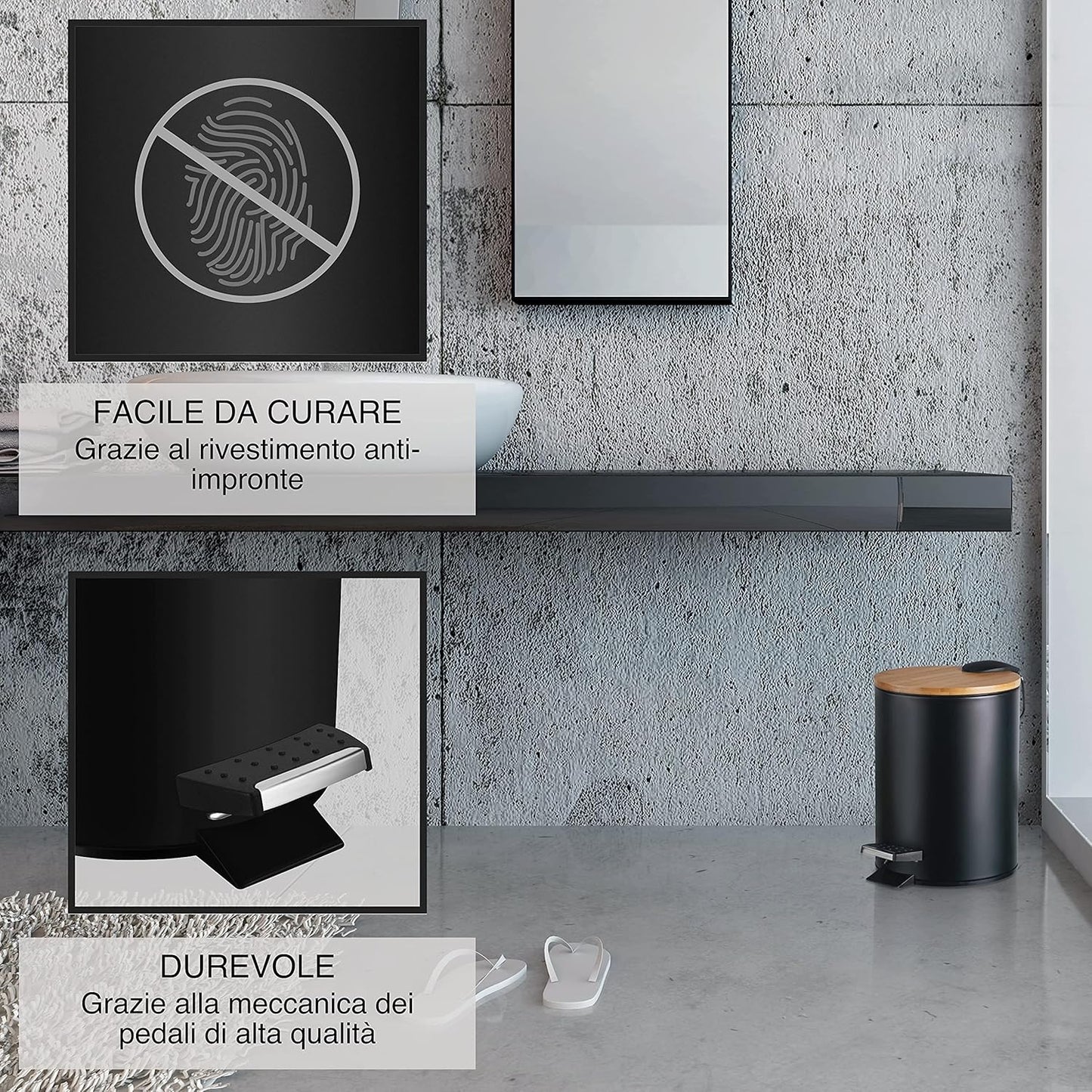 Pattumiera per Cosmetici 3L in Nobile Design Nero/Cestino Spazzatura Con Chiusura Automatica/Cestino Elegante per Il Bagno Con Contenitore Interno E Coperchio in Legno Di Bambù