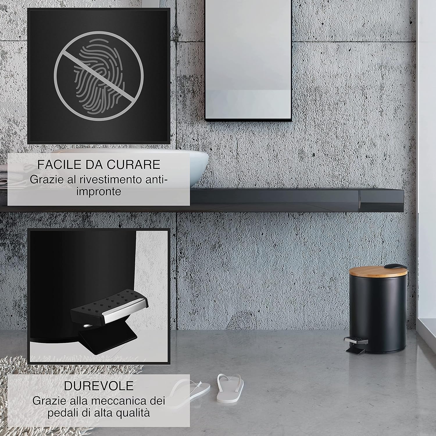 Pattumiera per Cosmetici 3L in Nobile Design Nero/Cestino Spazzatura Con Chiusura Automatica/Cestino Elegante per Il Bagno Con Contenitore Interno E Coperchio in Legno Di Bambù