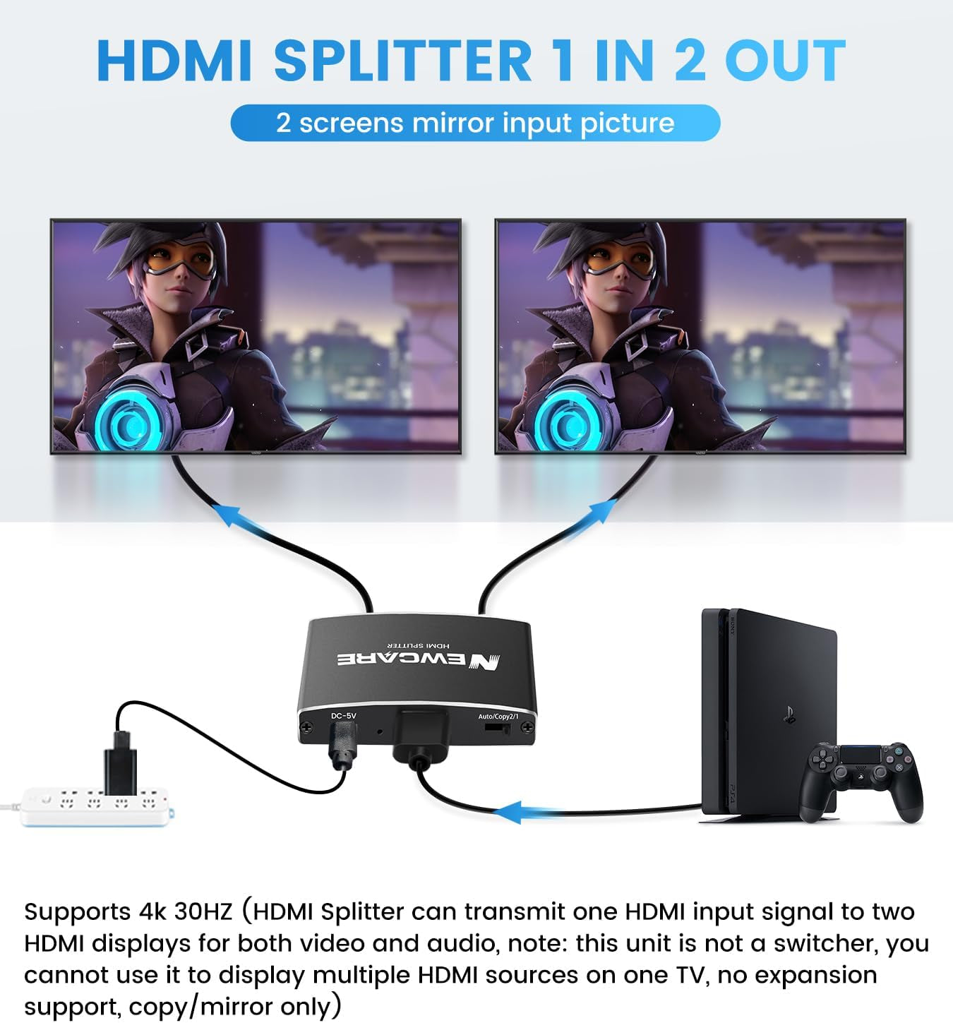 Splitter HDMI 1 in 2 Out, Splitter HDMI 4K per Due Monitor, Duplicare/Specchio Con Cavo HDMI Da 1,2 M, Splitter HDMI, Supporta Due Televisori Diversi/Uguali Allo Stesso Tempo