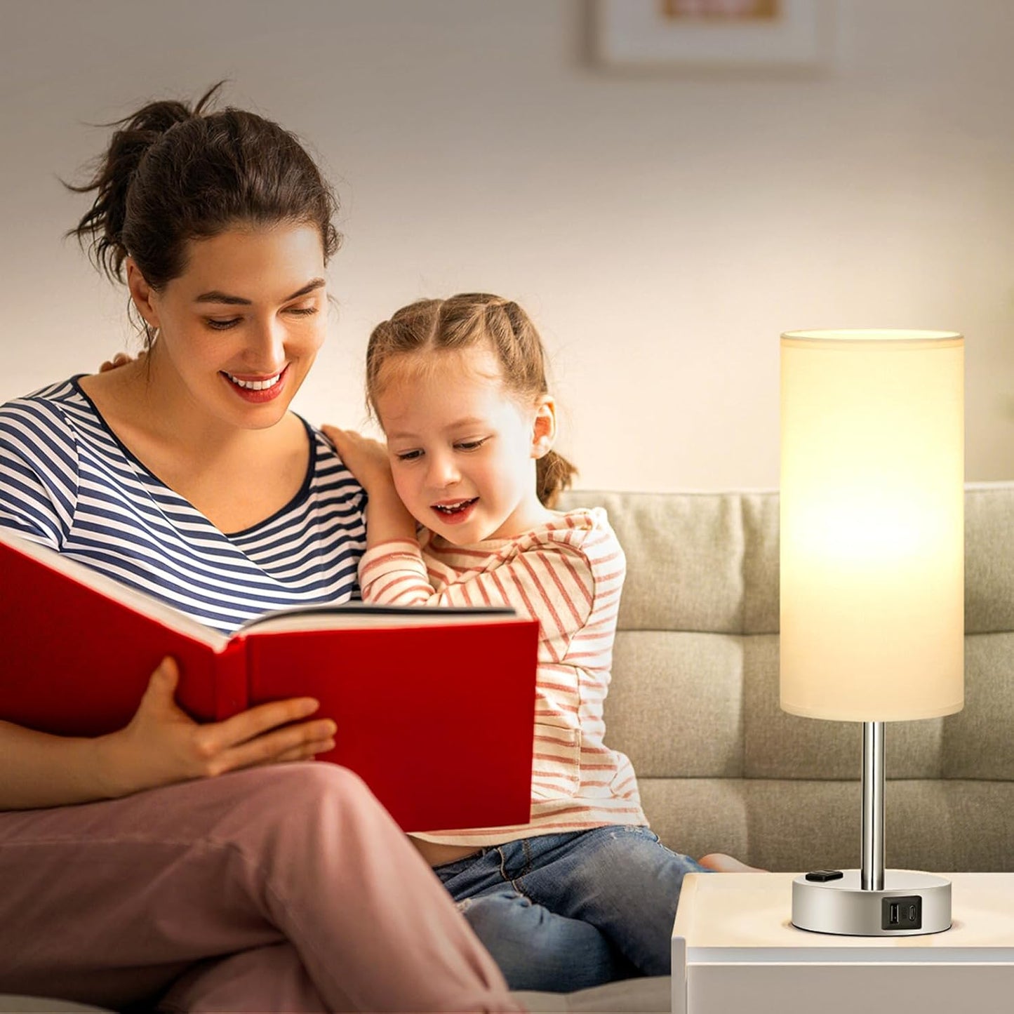 Lampada Da Comodino Touch Dimmerabile, Lampada Da Tavolo Con Porte Usb-C+A+Presa, Paralume Bianco Base Argento, Abat Jour Da Comodino per Camera Da Letto Soggiorno Ufficio(Lampadina Inclusa)