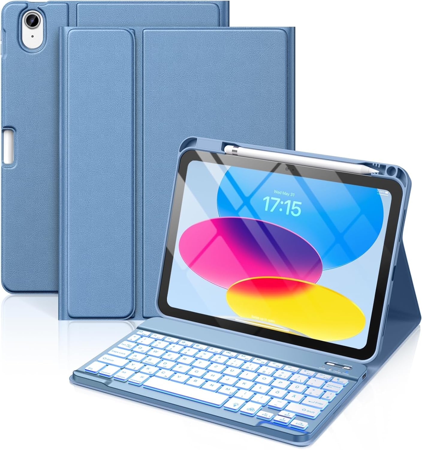 Vobafe Custodia con tastiera per iPad 10 generazione 10.9 pollici 2022-7 colori Custodia con tastiera Folio rimovibile wireless illuminata con portapenne per il nuovo iPad 10a generazione, blu