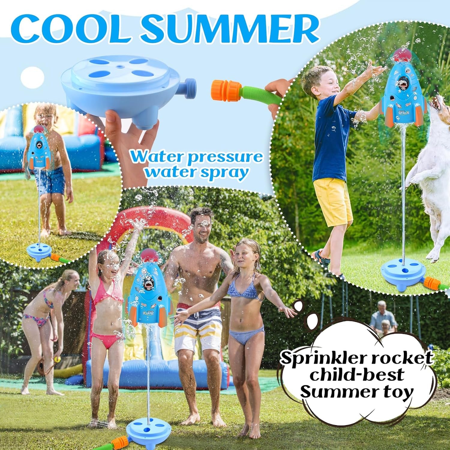 Razzo D'Acqua Sprinkler, Spruzzatore Giocattolo, Giochi D'Acqua Giardino, Giocattolo Rocket Sprinkler Giochi Da Giardino per Bambini, Giocattolo Estivo for Irrigatore a Razzo (Blu)