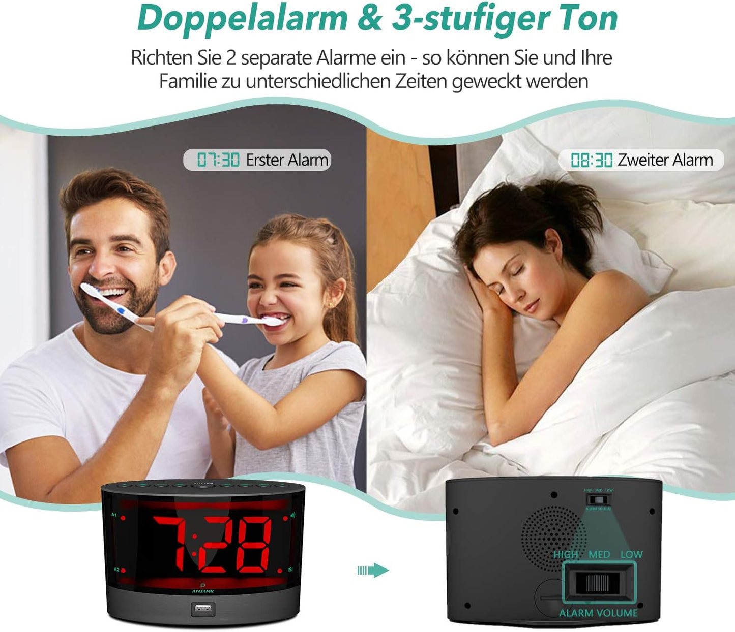 Sveglia Vibrante Senza Fili Estremamente Forte Con Shaker Elettrico per Assenza Di Udito,Disturbi Dell'Udito, Sonno Profondo,Doppio Allarme, Backup Della Batteria,Caricatore Usb,Grande Display