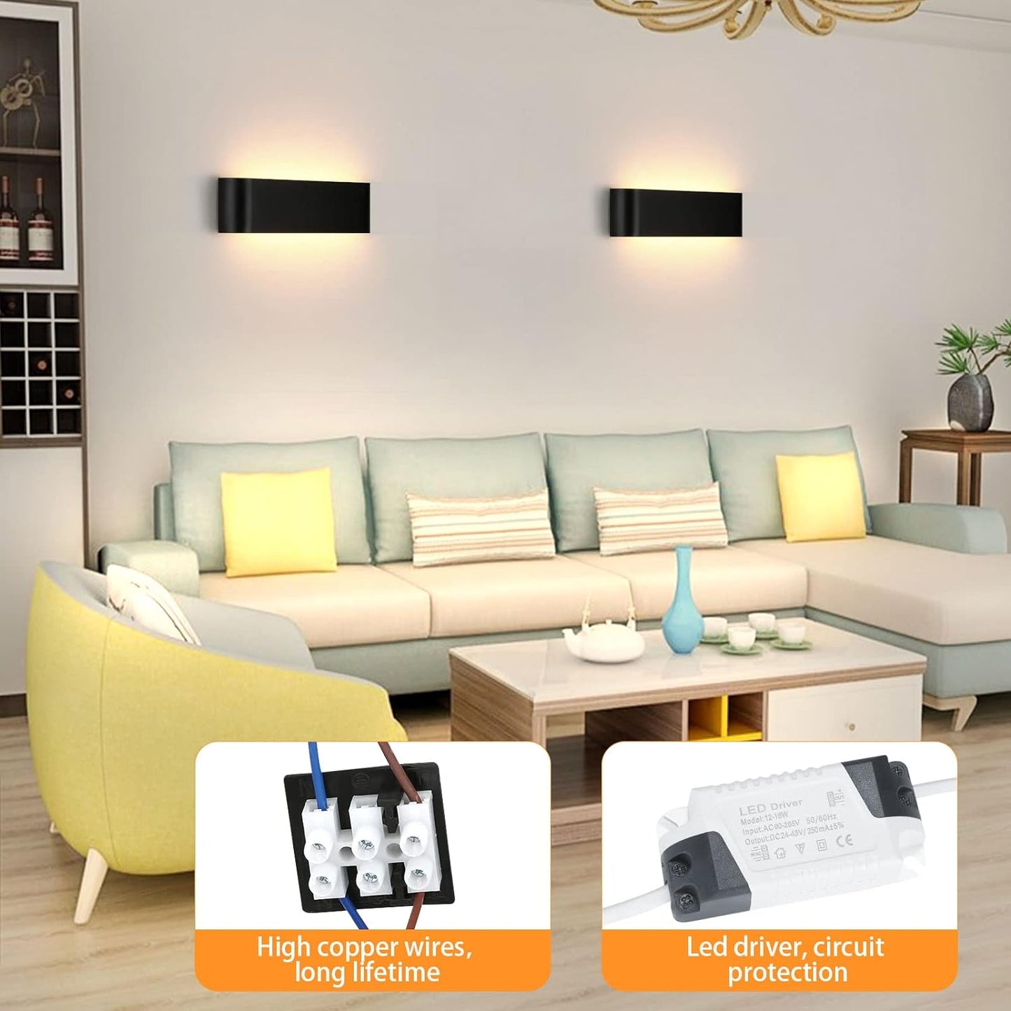 16W Lampada Da Parete Interno LED, Applique Da Parete Nero, Illuminazione Moderna per Camera Soggiorno, Allumialdonio Puro Con Luce IP44, Bianco Caldo, 30Cm