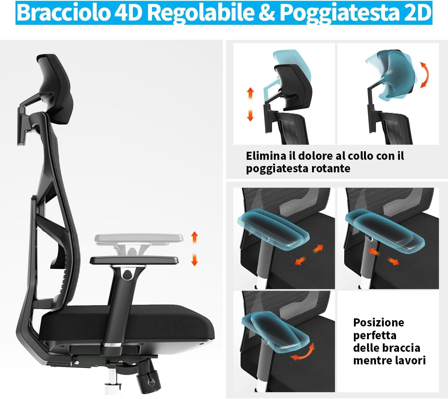 Sedia Ergonomica Da Ufficio Con Schienale Adattivo, Sedia Da Scrivania per Computer Con Braccioli 4D, Profondità Di Sedile Regolabile, Supporto Lombare E Poggiatesta 2D, Sedia Da Girevole