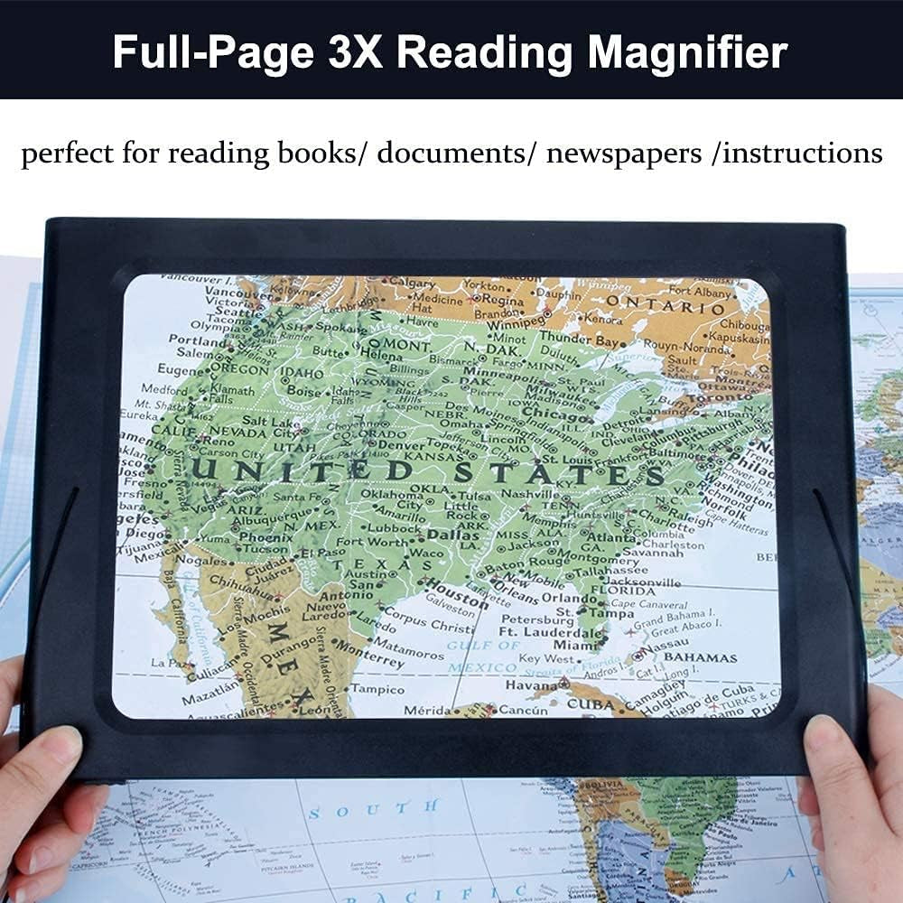 Lente D'Ingrandimento in Formato DIN A4, Strumento Di Lettura a Schermo Intero per Ingrandimento 3X, 12 LED Dimmerabili Antiriflesso, Supporto Pieghevole, Lente Da Lettura Utilizzabile a Mani Libere,