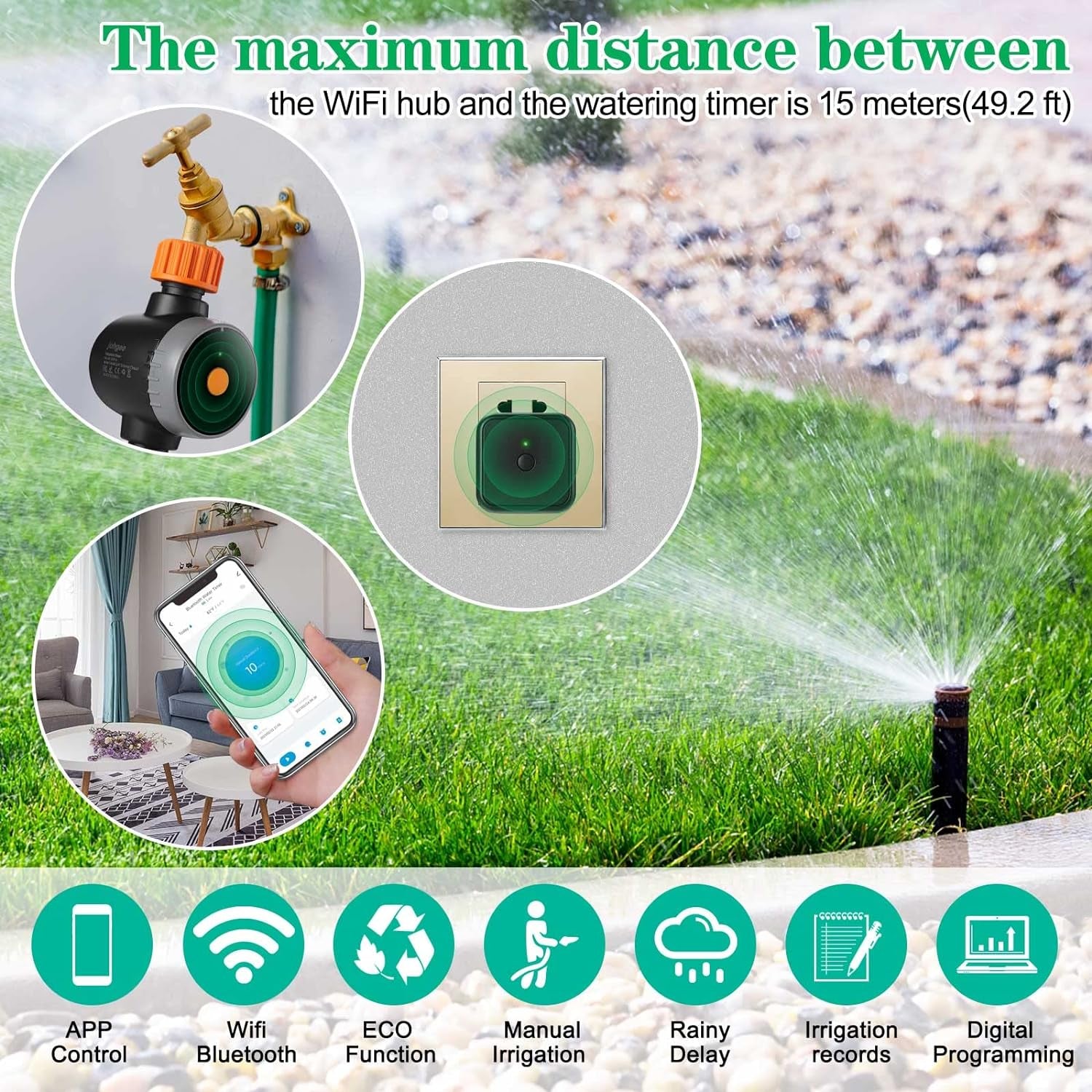 Timer Intelligente per Acqua Con Hub Wi-Fi, Timer per Tubo Flessibile Bluetooth Con Ritardo Pioggia per Rubinetto Da Giardino Esterno, Timer per Irrigazione Programmabile