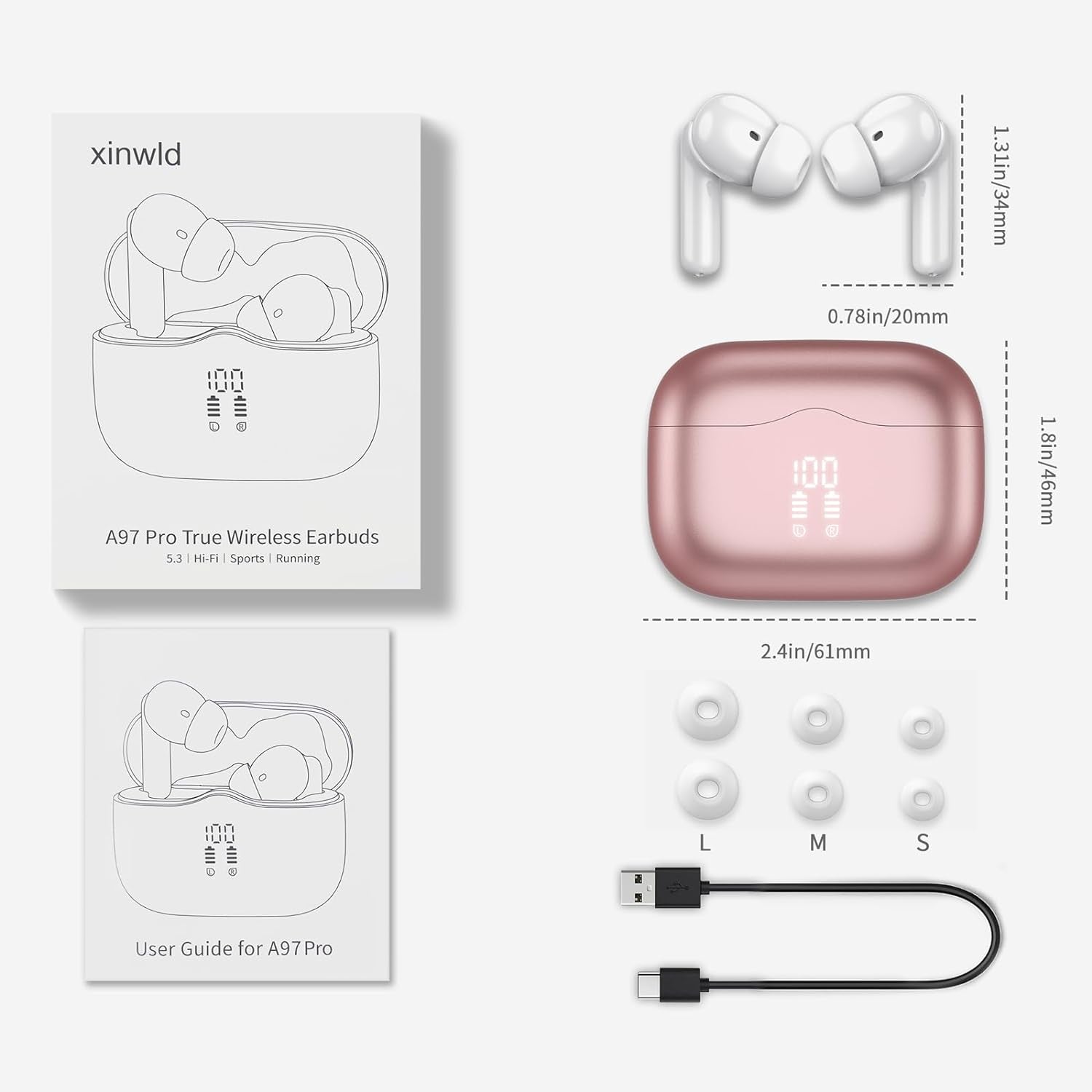 Cuffie Bluetooth, Auricolari Bluetooth 5.3 Stereo Hifi Con 4 HD Mics, Mini Cuffie Wireless Cancellazione Rumorecon, Cuffiette Bluetooth per Androide/Ios, USB-C, 40H Earbuds IP7 Impermeabili, Oro Rosa