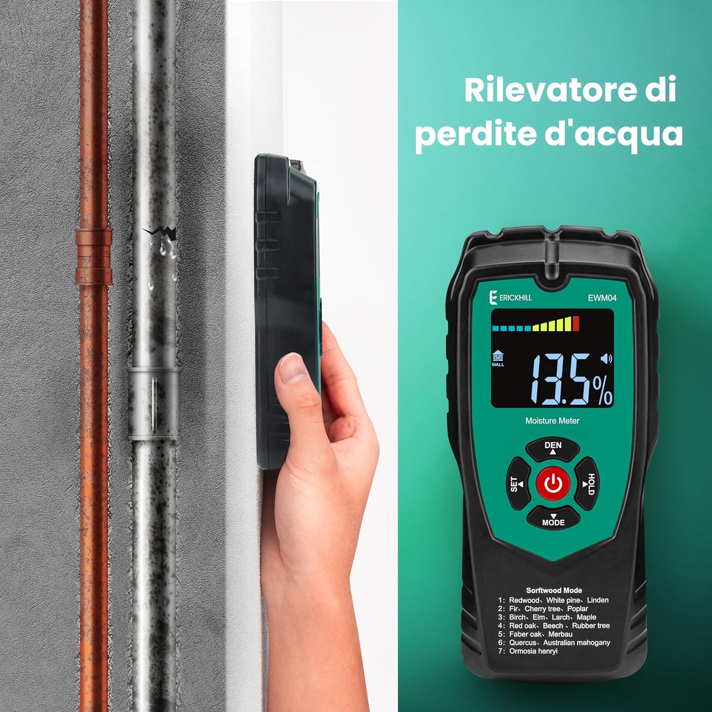 Misuratore Di Umidità in Legno, Misuratore Di Umidità Non Invasivo Con 4 Modalità, Display LCD Con Retroilluminazione, Controllo Dell'Umidità Del Legno E Dei Materiali Da Costruzione