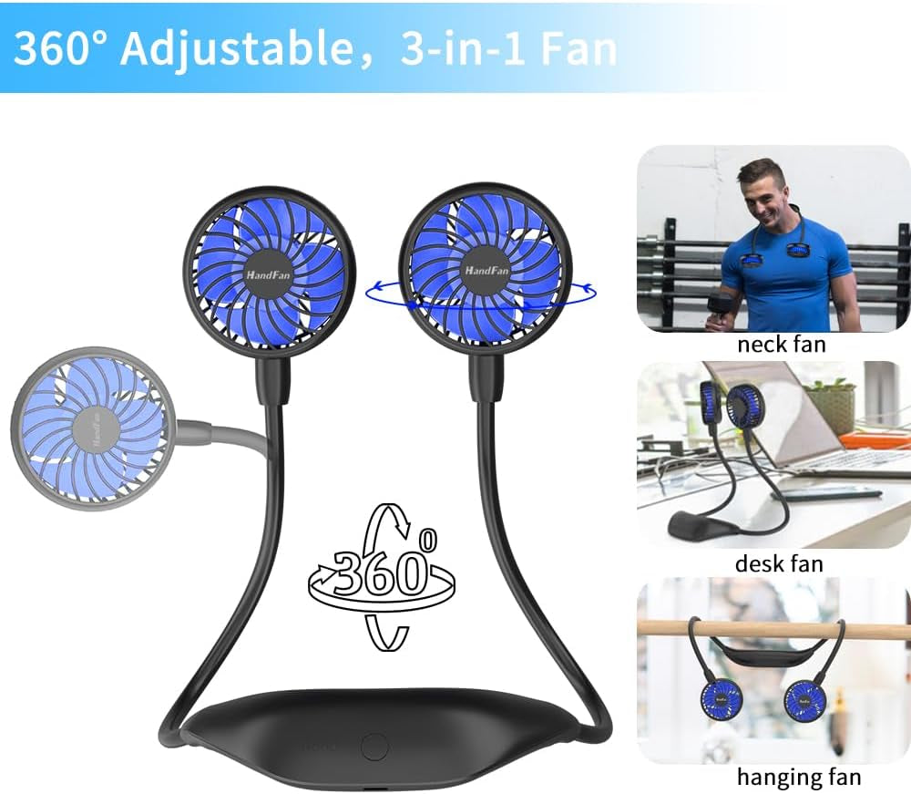 Ventilatore Collo Portatile,5000Mah USB Ventilatore,Mini Doppia Ventola 360° Girevole 6 Velocità 26 Ore Di Orario Di Lavoro per Viaggi,Sport