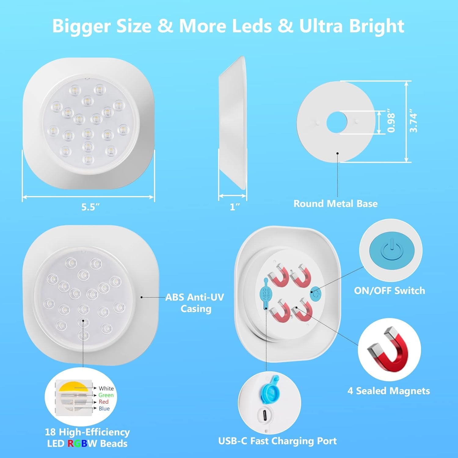 Faretto LED Ricaricabile per Piscina Fuori Terra, 15Cm Sommergibili Luci Piscina RGBW IP68 Impermeabili Con Telecomando, Fino a 40 Ore,Magnetiche Luce LED Deco per Intex Acciaio Piscine 2Pack