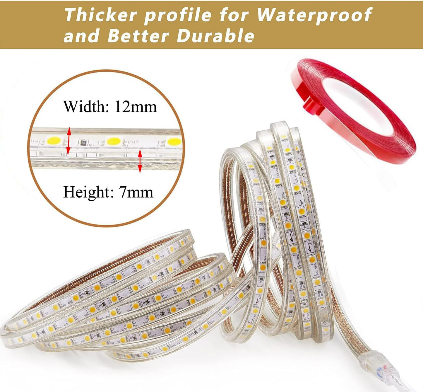 Striscia LED Con Interruttore, Striscia LED 220V Senza Trasformatore, Impermeabile IP65 LED Striscia Adesiva Strip LED, 5M, Bianco