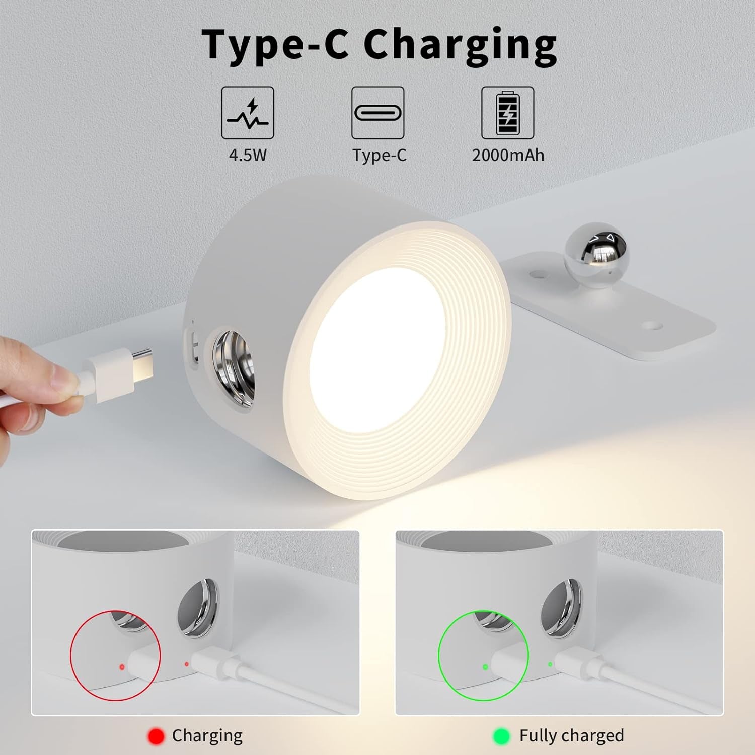 Lampade Da Muro,3 Luminosità Applique a Batteria Con Luce Calda/Naturale/Bianca,Tocca Il Controllo Abat Jour Da Muro,360 °Ruota Luci Da Parete per Camera Da Letto Soggiorno