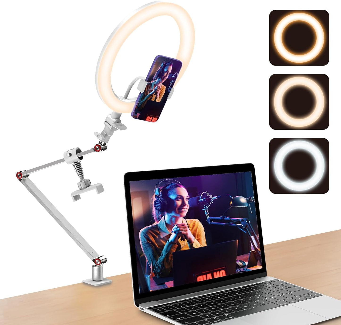 Ring Light Da 10'' per L'Ufficio Con Supporto E Supporto per Telefono, Tripod Ring Light, Lampada per Videoconferenza Con Braccialetto Dell'Ufficio Regolabile per Youtube, Tiktok (Bianco)