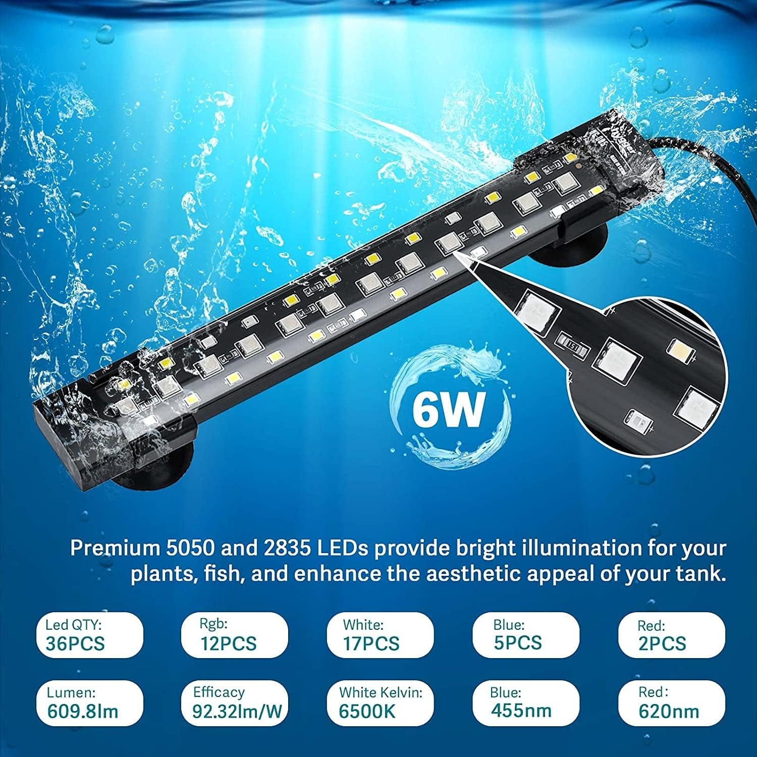 Luce LED per Acquario, Subacqueo in Modalità 24/7, Luce Nascosta per Acquario a Spettro Completo, Con 3 File Di Perline 7 Colori, Auto on off Alba Luce Del Giorno Luce Della Luna (6W)