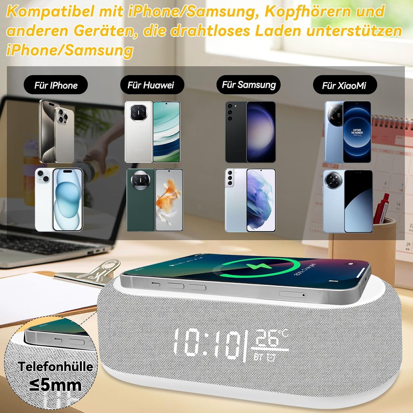 Sveglia Digitale, Sveglia Digitale Bluetooth, Luce Notturna, 9 Colori, Altoparlante Bluetooth, Caricatore Wireless per Iphone/Samsung, Indicatore Di Temperatura LED