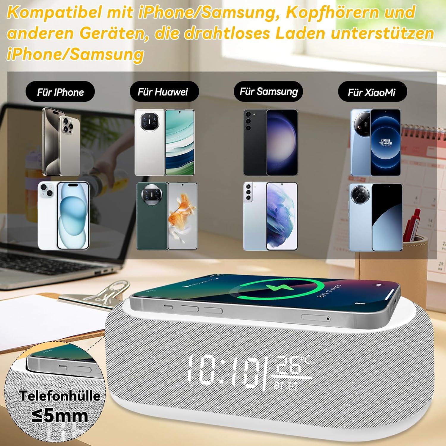 Sveglia Digitale, Sveglia Digitale Bluetooth, Luce Notturna, 9 Colori, Altoparlante Bluetooth, Caricatore Wireless per Iphone/Samsung, Indicatore Di Temperatura LED