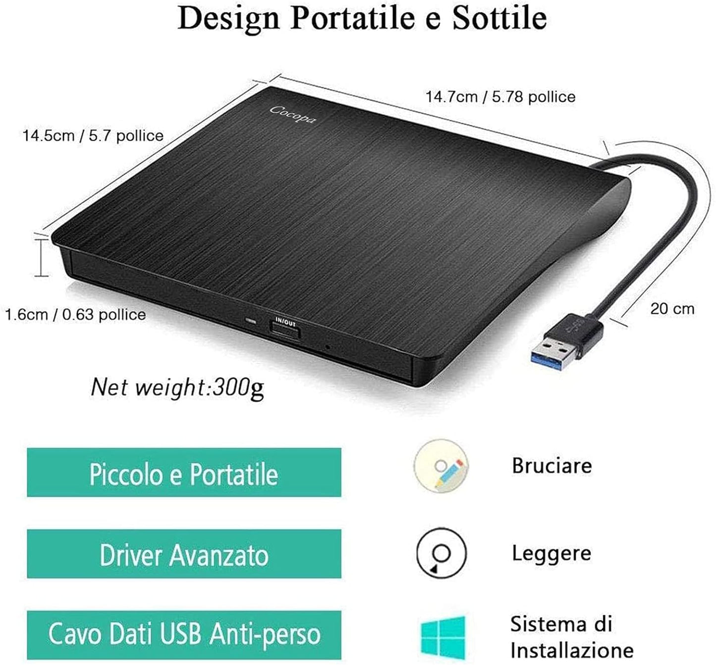 Masterizzatore DVD Esterno, Lettore CD Esterno per PC Portatile Unità Esterna USB 3.0 DVD-R CD-RW Drive Dispositivo Ultra Slim per Laptop Windows 98/ME/ 2000/Xp/Vista/7/8/10/11 Mac Linux, Nero