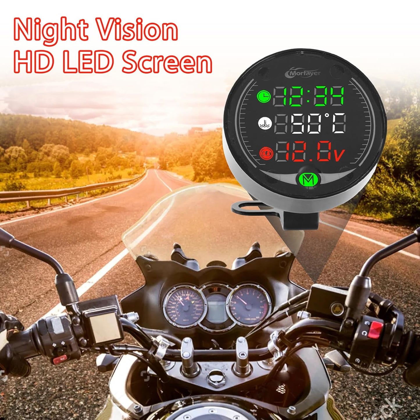 Contatore Moto LED 5 in 1, Termometro Digitale per Moto + Voltmetro ATV + Orologio Elettronico + Cronografo + Caricatore USB, Termometro Acqua Multifunzione Con Sensore per Moto