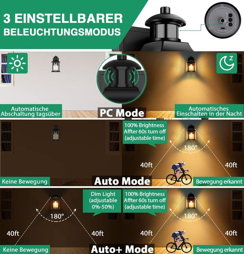 Lampada da esterno Lamomo con rilevatore di movimento, lampada con 3 modalità di illuminazione con rilevatore di movimento esterno, applique da esterno a LED in alluminio impermeabile IP23 per la casa