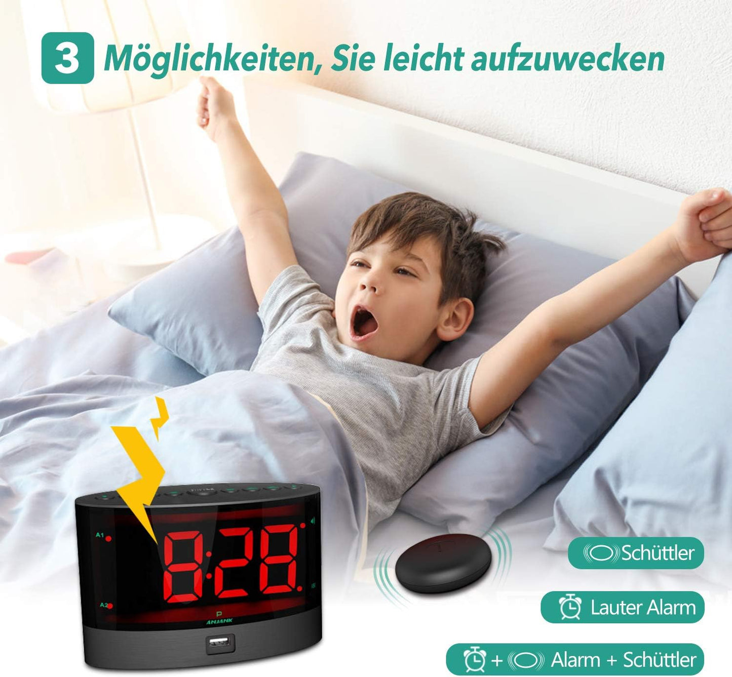 Sveglia Vibrante Senza Fili Estremamente Forte Con Shaker Elettrico per Assenza Di Udito,Disturbi Dell'Udito, Sonno Profondo,Doppio Allarme, Backup Della Batteria,Caricatore Usb,Grande Display