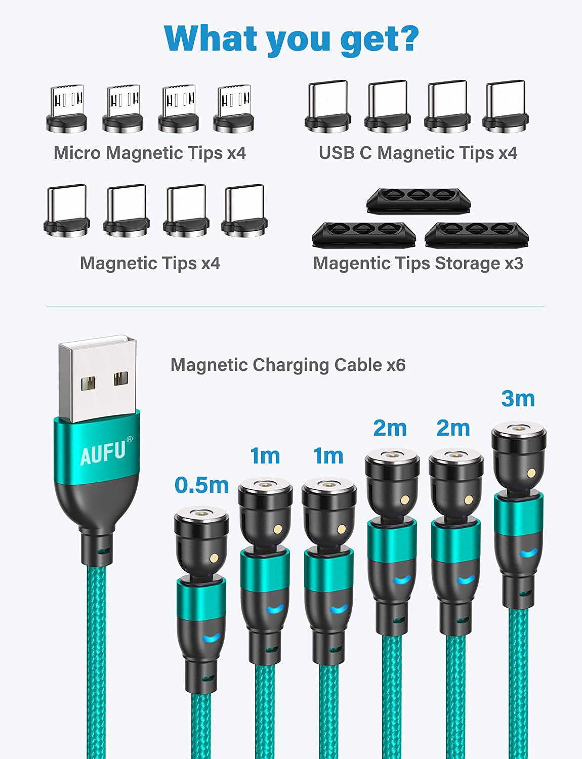 Cavo Magnetico Di Ricarica, USB C Magnetico [6Pezzi, 0.5M/1M/1M/2M/2M/3M] Cavo Magnetico Tipo C Nylon Intrecciato Cavo Ricarica Magnetico Micro USB per Smartphone-Verde