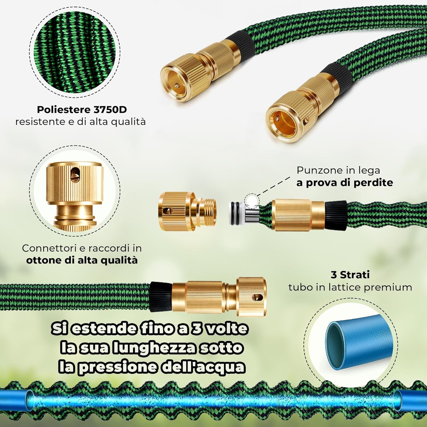 Tubo Acqua Giardino 15 Metri Tubo Estensibile Da Giardino - Canna Acqua Giardino Con Pistola Acqua Giardino a 9 Modalità Di Spruzzo - Tubo Irrigazione Con Raccordi in Ottone Da 1/2" E 3/4