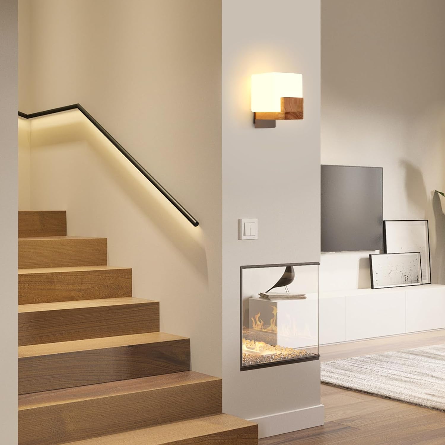 Applique Led Da Parete Interno 3000K-6500K Applique Da Parete Dimmerabile a Tre Colori Lampada Da Parete Creativa in Legno Adatto per Camere Da Letto, Corridoi, Scale