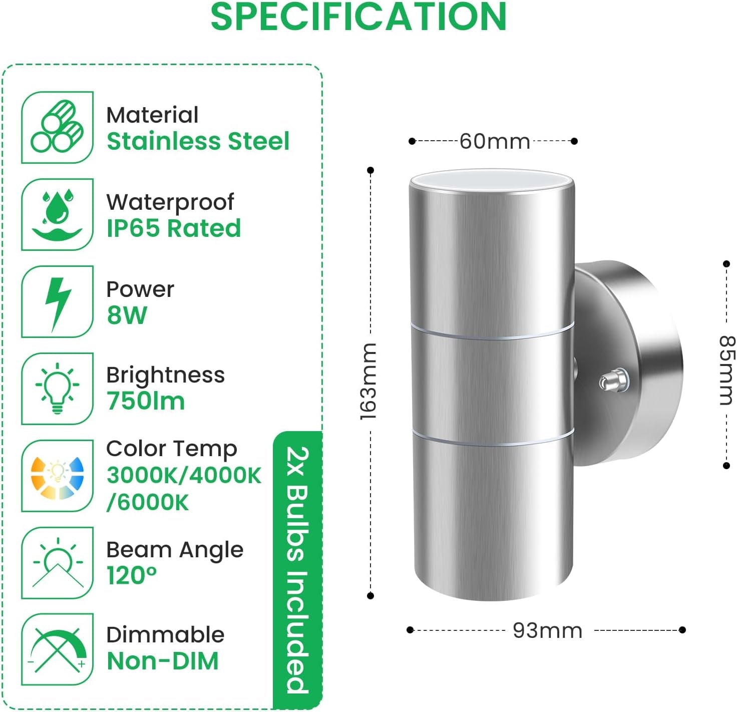 Acciaio Inox LED Lampade Da Parete Applique Da Esterno 8W 750LM up down Applique Da Parete Esterni, Con 2X Lampadine GU10 Variabile 3000K 4000K 6000K, IP65 Impermeabile per Portico Giardino, Argento
