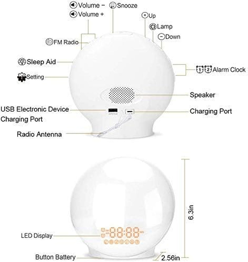 Wake up Light, Luce Sveglia Da Comodino Con Simulazione Dell'Alba E Tramonto, Luce Notturna LED Con FM Radio Funzione Snooze, Luce Sveglia Digitale per 20 Livelli Di Luminosità E 11 Colori