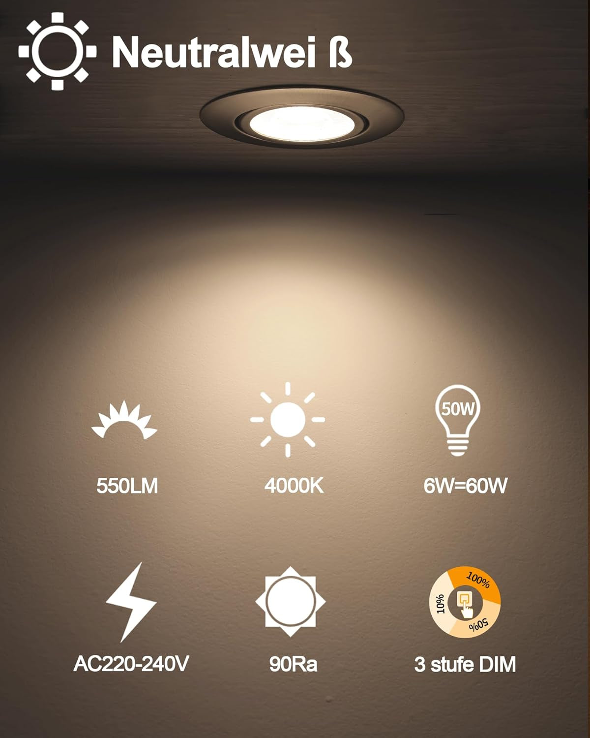 BOYIR Set di 3 faretti da incasso a LED 230V faretti LED ultra piatti 3 livelli dimmerabili 6W 4000K luci da incasso bianco neutro 550LM Faretti da incasso a LED orientabili IP44 faretti da soffitto adatti al bagno 68 mm