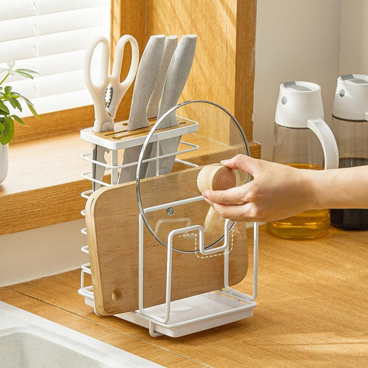 Portacoltelli Con Supporto per Tagliere, Organizer per Pentole, Coperchio per Asciugare, Con Scarico Da Cucina, Piano Di Lavoro, Armadio, Pantry Backware, Supporto per Pentole, Bianco