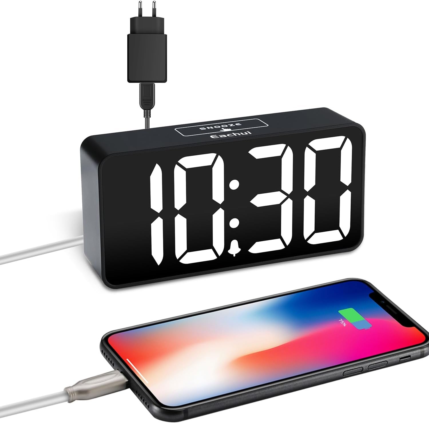 Sveglia Digitale a LED Con Porta Di Ricarica USB, Display Con Cifre Grandi, Luminosità E Volume Regolabili, Snooze, 12/24HR, Orologio Digitale Alimentato a Rete (Bianco E Nero)