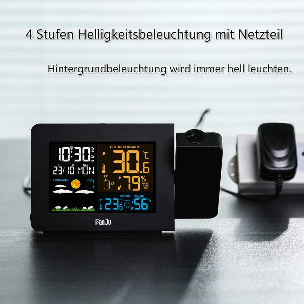 FJ3391 Stazione Meteorologica Wireless Con Sensore Esterno Sveglia Con Proiezione Temperatura Interna Ed Esterna E Umidità Fase Lunare Radiosveglia (Versione in Lingua Italiana Non Garantita)