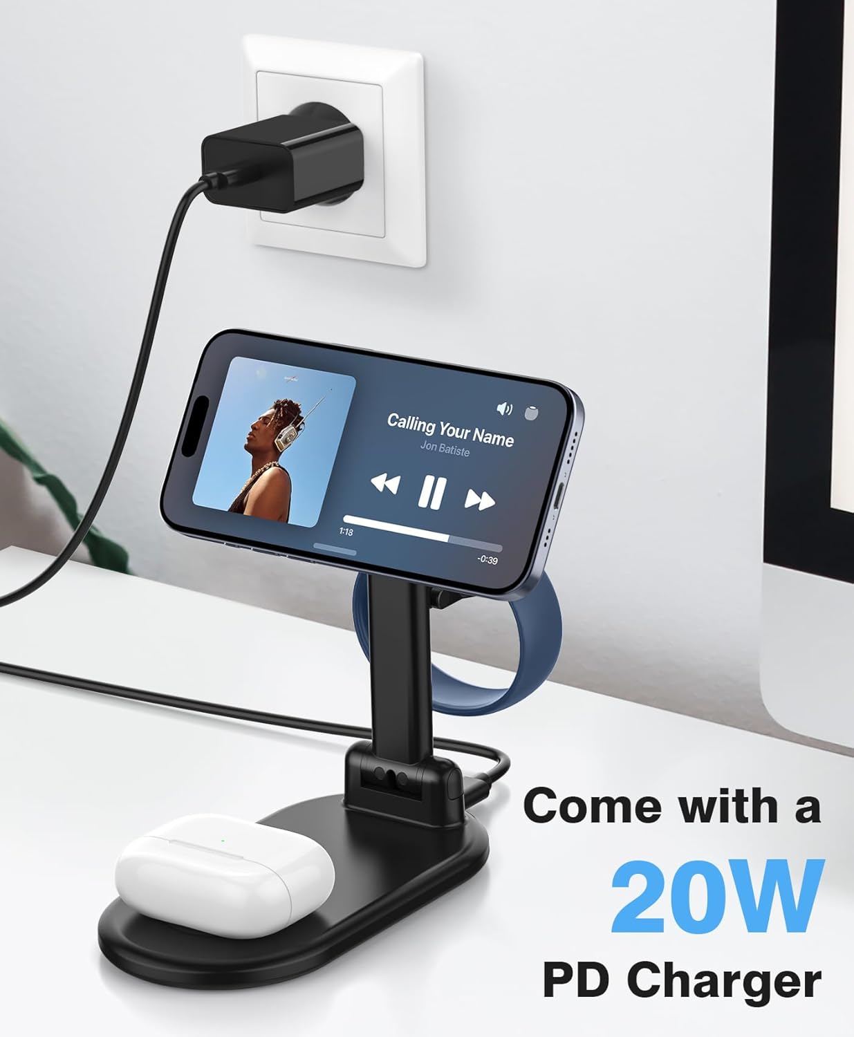 Caricabatterie magnetico Mag-Safe 3 in 1 per iPhone 15 14 13 12 Pro Max/Pro/Mini/Plus, stazione di ricarica pieghevole per Apple Watch Ultra 9 8 7 6 SE 5 4 3, caricabatterie wireless per Air Pod - Con caricatore USB C da 20 W