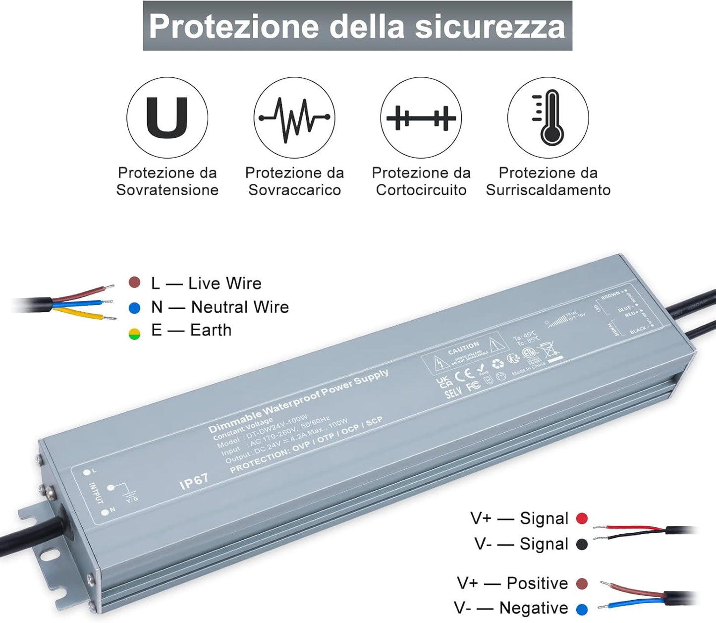 Trasformatore LED Da 220V a 24V 100W Dimmerabile Impermeabile IP67 TRIAC & 0-10V&1-10V & PWM Outdoor Alimentatore 4.2A Driver LED DC 24 Volt a Bassa Tensione Power Supply Tensione Costante