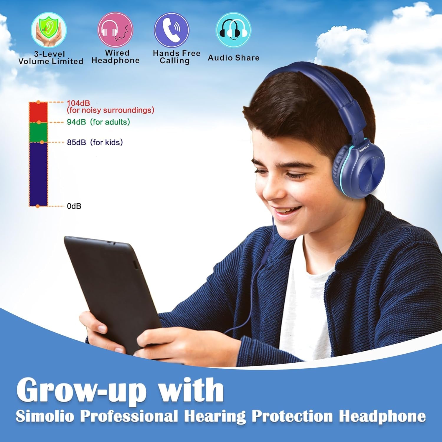 Cuffie Cablate per Bambini, Scuola, Viaggi, Volume Sicuro 85Db/94Db/104Db, Cuffie Over-Ear per Ragazzi Con Microfono E Shareport, Pieghevoli, Resistenti E Regolabili, per Adolescenti E Adulti,