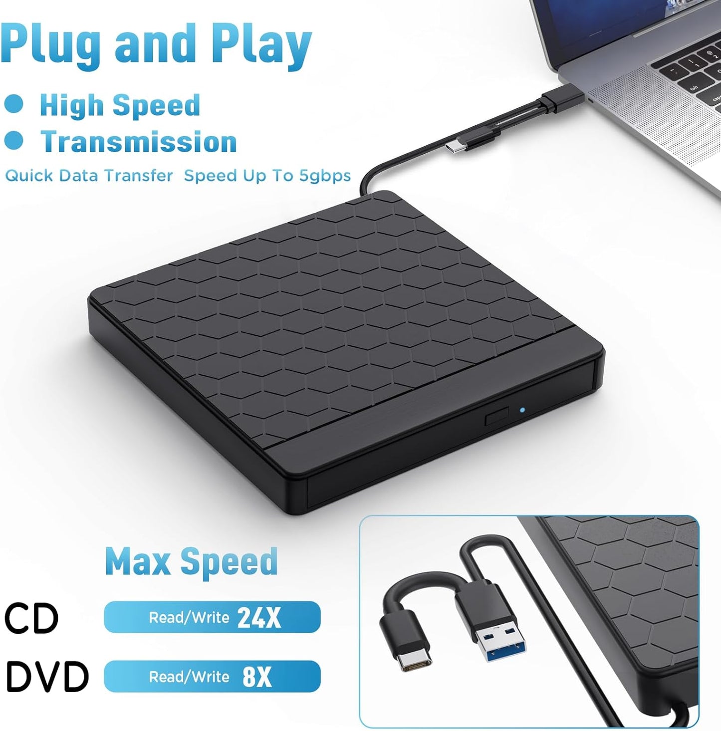 Lettore CD DVD Esterno per PC Portatile, Masterizzatore DVD Esterno,Usb 3.0 Con 2 Porte USB E Lettore Di Schede TF/SD, Lettore CD/DVD per PC Laptop Macbook per Windows 11/10/8.1/7/Linux/Mac OS