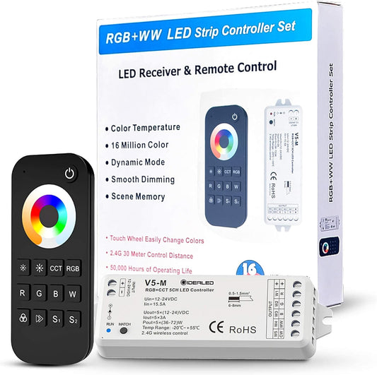 Controller a Strisce LED Wireless 5 in 1 Da 2,4 G, Con Telecomando RF, Dimmer LED RGBWW a 5 Canali per CCT RGB RGBW RGBCCT E 5 Strisce Luminose Bianche DC12-24 V