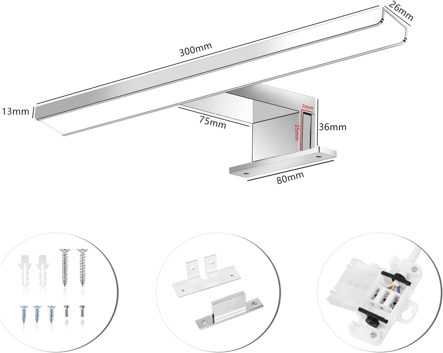 Lampada Da Specchio LED 5W 400LM, Lampada Da Specchio per Bagno Bianco Freddo 6000K, Lampada Da Armadio 30Cm IP44, 230V Illuminazione per Specchio Bagno (300Mm)