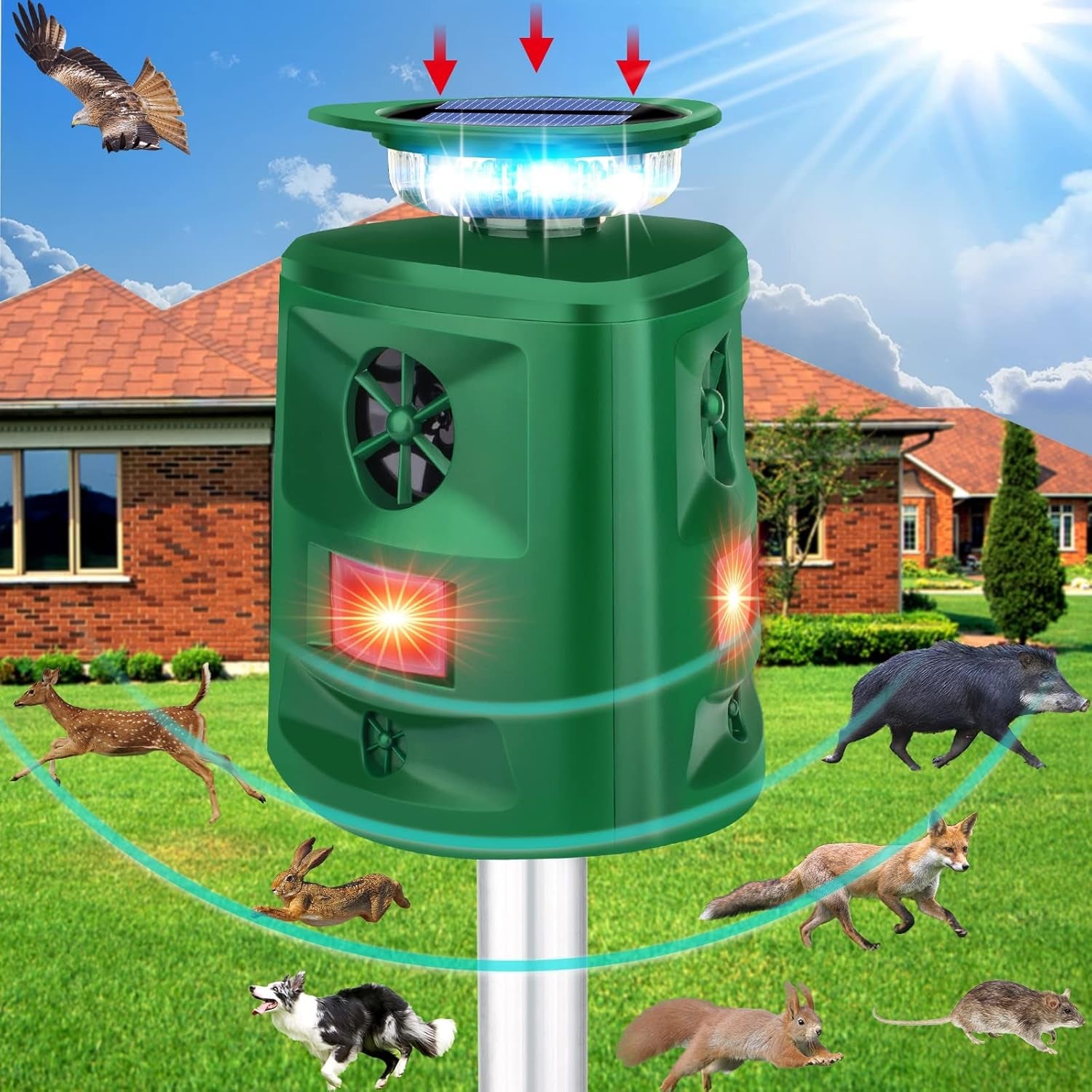 Repellente Esterno Ad Ultrasuoni Solare a 360° Con Sensore Di Movimento E Luce Lampeggiante LED, 5 Modalità Regolabili E Impermeabili, per Cani, Gatti, Conigli, Volpi, Cervi per Giardino, Cortile