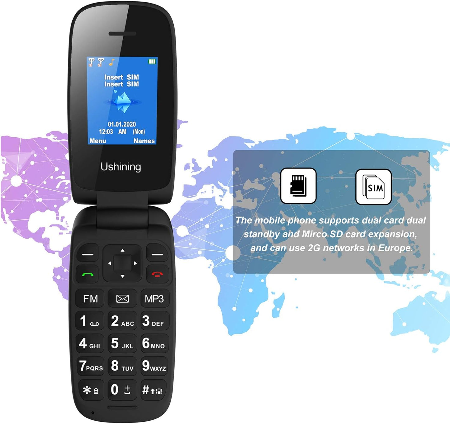 Telefono Cellulare per Anziani GSM Cellulare per Anziani Con Tasti Grandi Display 1.8" Supporto SIM Doppio, Chiamata Rapida 800Mah Batteria Lungo Standby - Nero